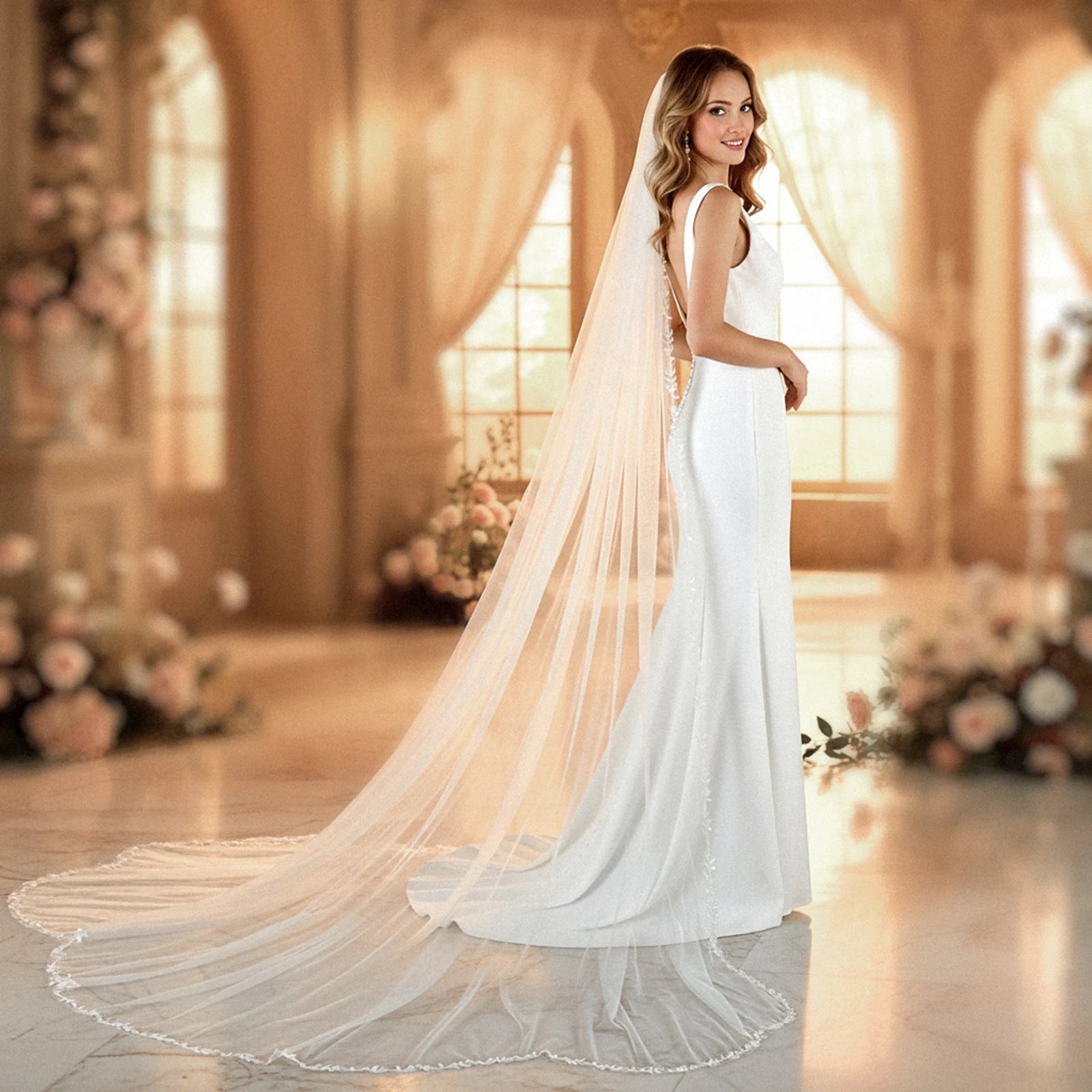 YouLaPan V142 White Ivory Single Layer Thin Scallop Leaves Applique Trim Veil Cathedral Wedding Bridal Veil