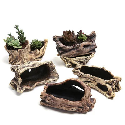 Creative Cement Flower Pot with Tree Root Carving Mini Pastoral Design Yellow/Brown Colors Reusable for Indoor/Outdoor Use