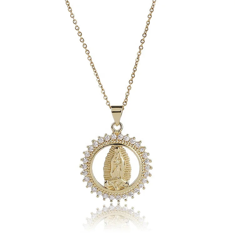 18K Gold Plated Women Accessories Virgin Mary Necklace Religious Catholic Pave Crystal Mother Virgen Mary Pendant Necklace