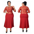42-54  Turkey Africa Wear Decoration Long Sleeve Red Lace Dress Red Maxi Office Dress
