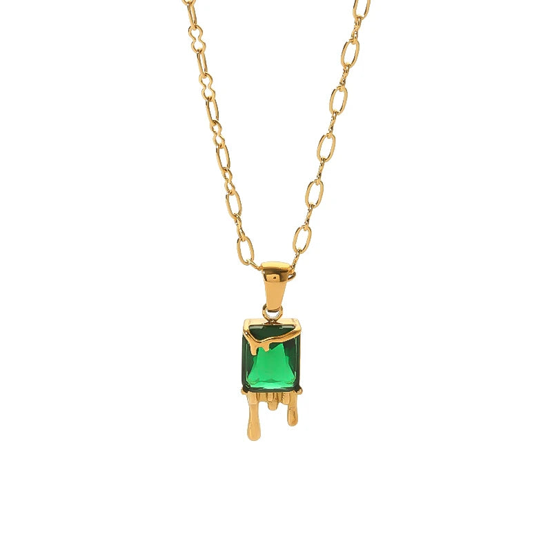 Wholesale Luxury Necklace Stainless Steel 18K PVD Plating Lava Water Drop Green Cubic Zircon Necklace for Women