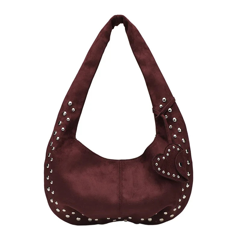 Women's Luxury Matte PU Rivet Handbag Single Vegan Leather Tote Bag with Tassel Fashionable Summer Style PU Durable Shoulder Bag