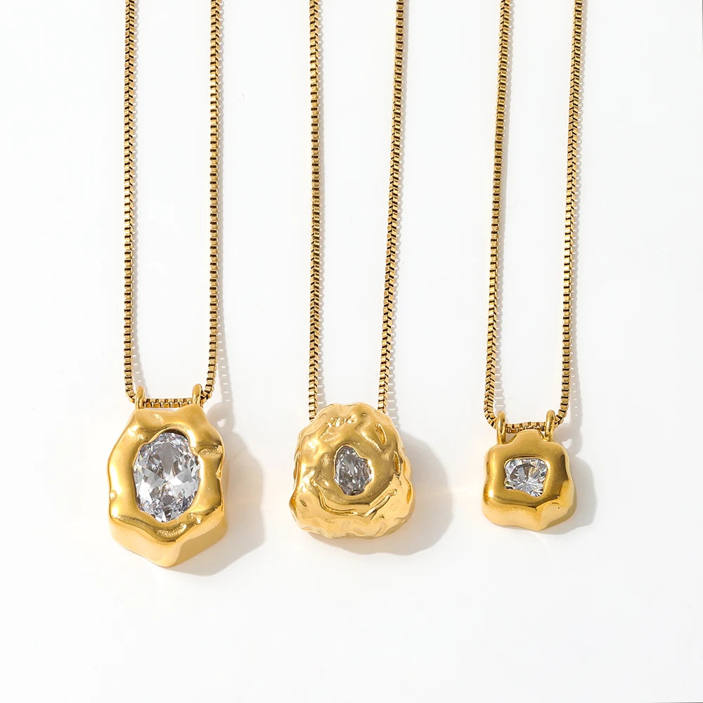 JOOLIM High End Stainless Steel Zirconia Block Irregular Pendant Necklace 18K Gold Plated Jewelry Wholesale