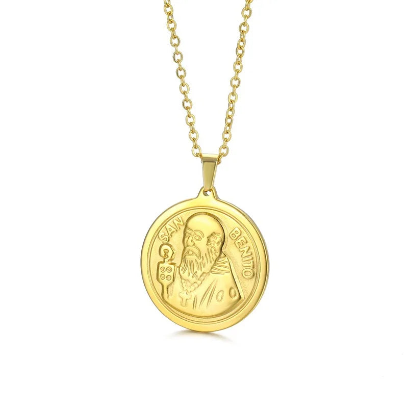 18K Gold Plated Stainless Steel Religious Catholic Saint Benedict Cross Pendant Personalized Christian Charm Chain Necklaces