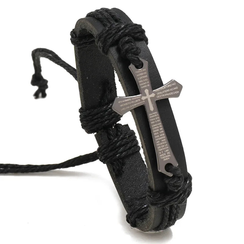 SSeeSY Wholesale Joyas Pulsera Fashion Jewelry Custom Handmade Multilayer Braided Leather Bracelet for Men with Cross
