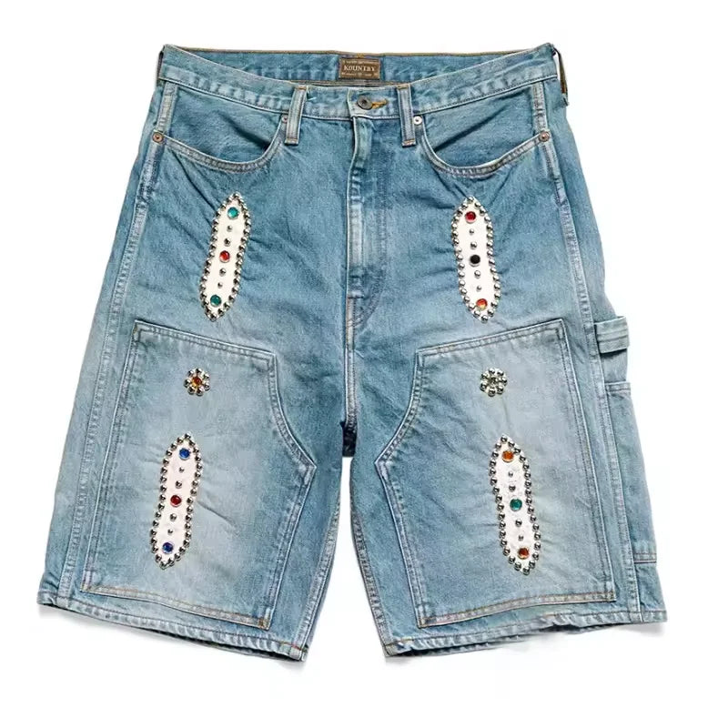 OEM Custom Metal Stud Gem Men Jeans Shorts Vintage Streetwear Rhinestone Denim Shorts Men