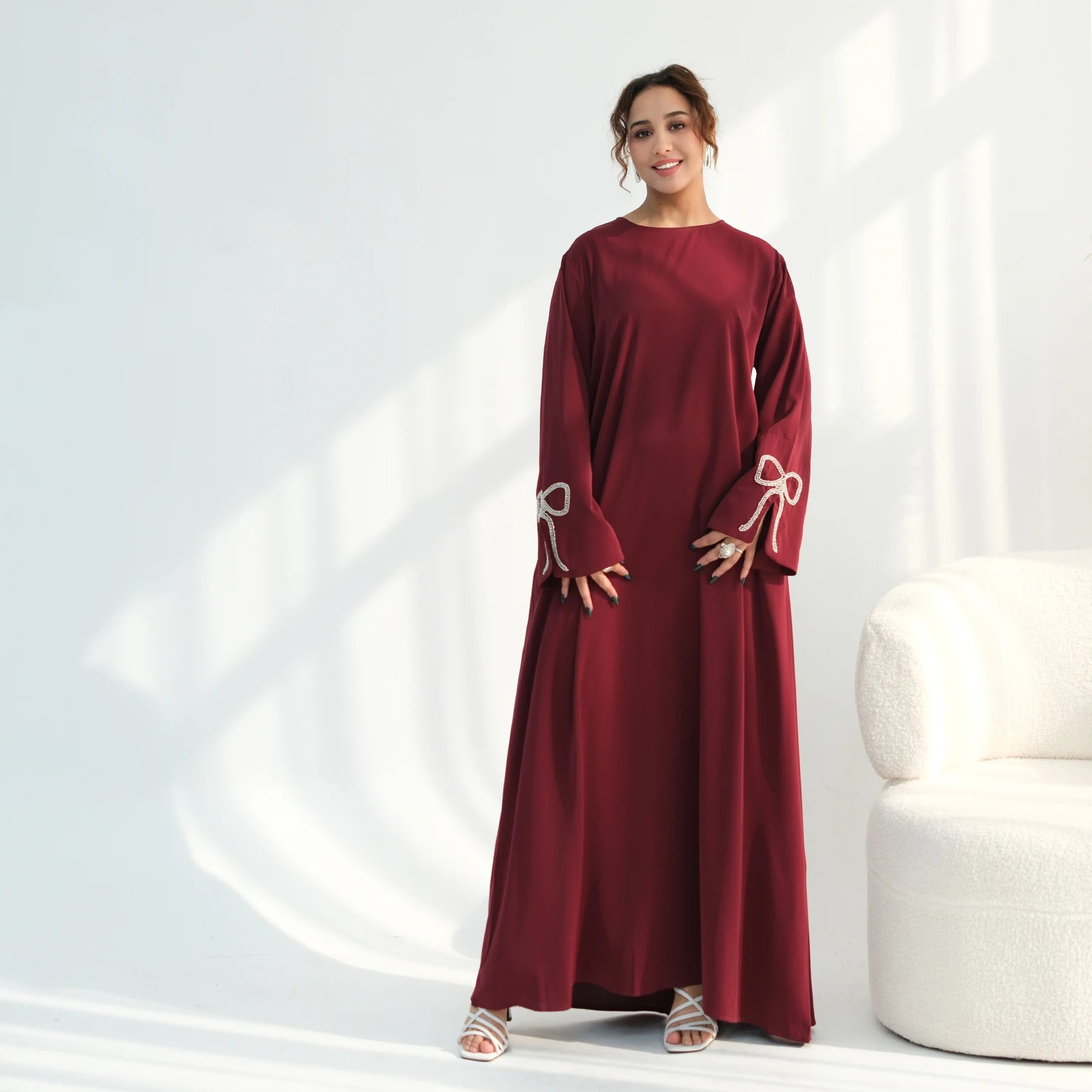 Loriya 2026 New Summer Muslim Dress Women EID Abaya Split Sleeves Ramadan Dubai Long Maxi Dress with Bow Islamic Kaftan Dress