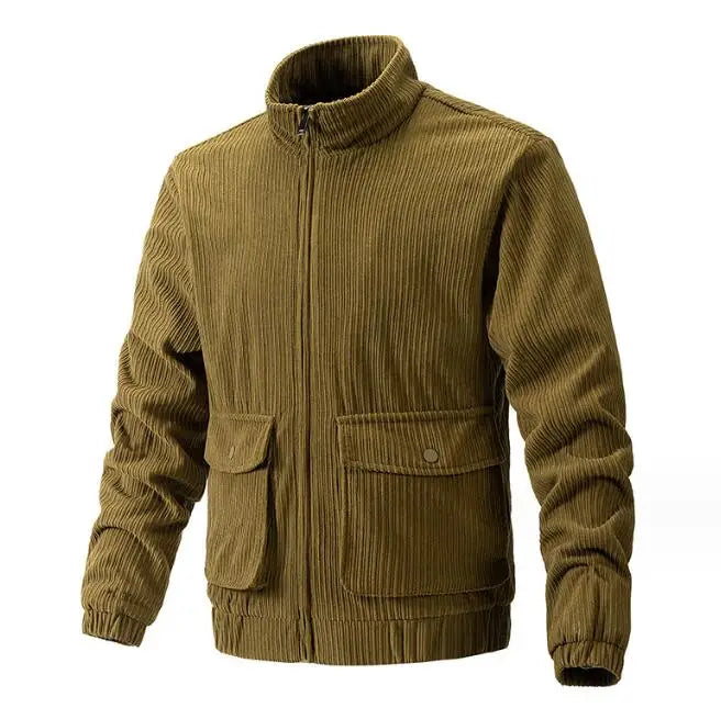 Men's Corduroy Coat Solid Color Standing Collar Work Cargo Jacket Pocket Casual Men's Jacket
