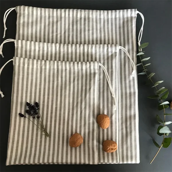 Striped Cotton Linen Drawstring Fruits Bags Linen Drawstring Round Bread Packaging Pouch