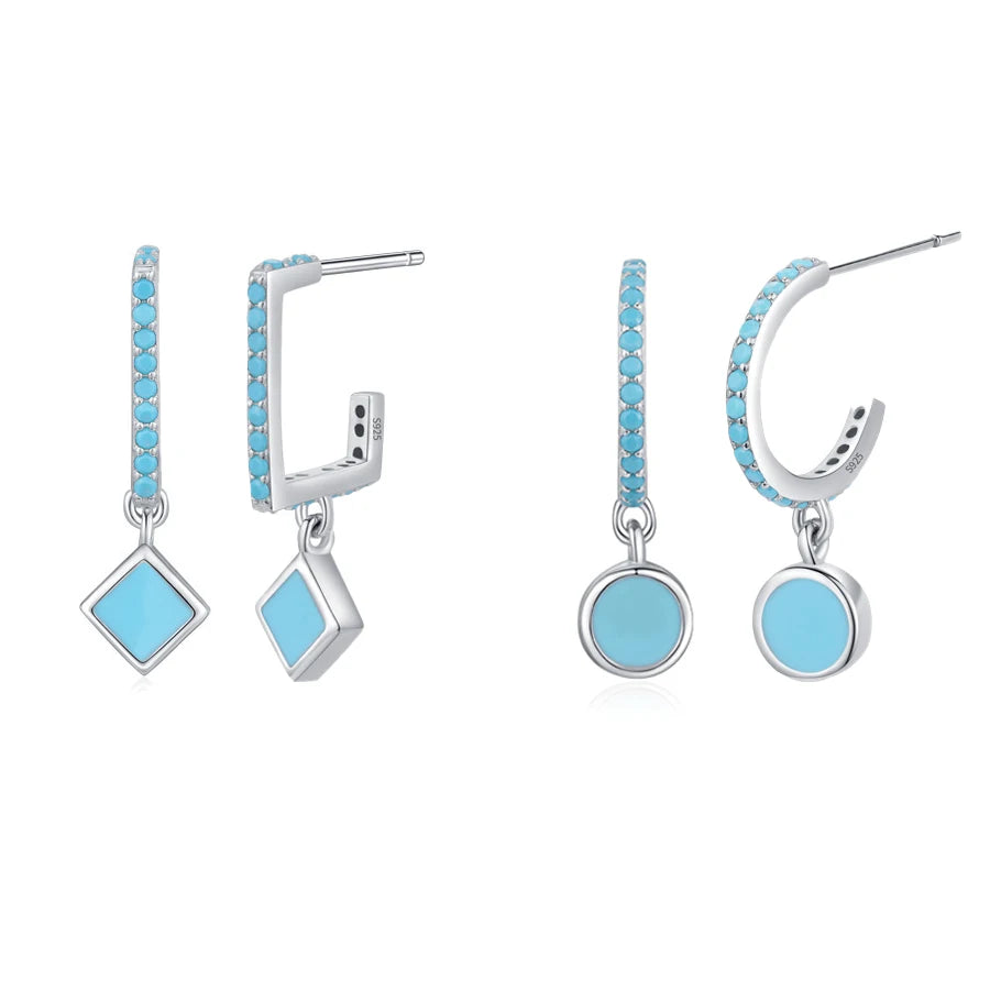 Hot Selling Vintage Elegant Jewelry Earrings S925 Sterling Silver Rhodium Plated square Round Turquoise Drop Earrings
