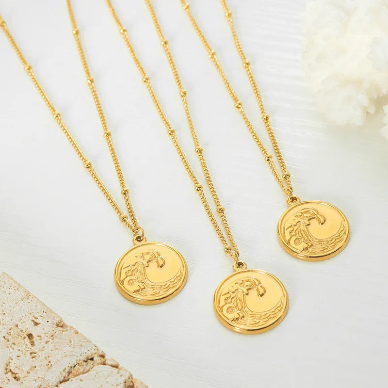 Stainless Steel Personality Round Brand Ocean Wave Pendant Necklace 18k Gold Plated Jewelry Waterproof