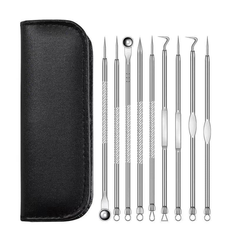 9 Pcs Silvery Stainless Pimple Pin Tool with Blackhead Remover and Pimple Extractor Pins Leather Box Packaging