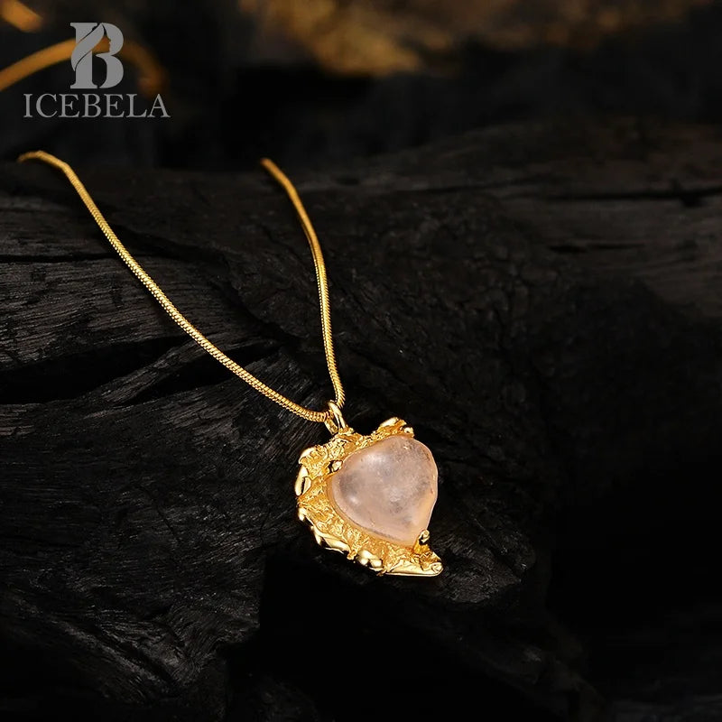 ICEBELA Fashion Jewelry S925 Pure Silver Delicate Gold Plating Pink Agate Snake Chain Gemstone Heart Shape Pendant Necklace
