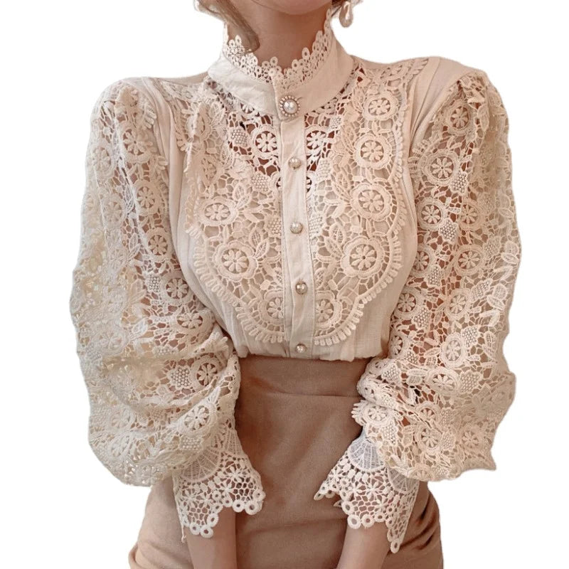 Wholesale 2026 Spring Korean New Loose Chic Elegant Shirts Button Lace Hollow Flower Stitching Long Sleeve Stand Collar Shirt