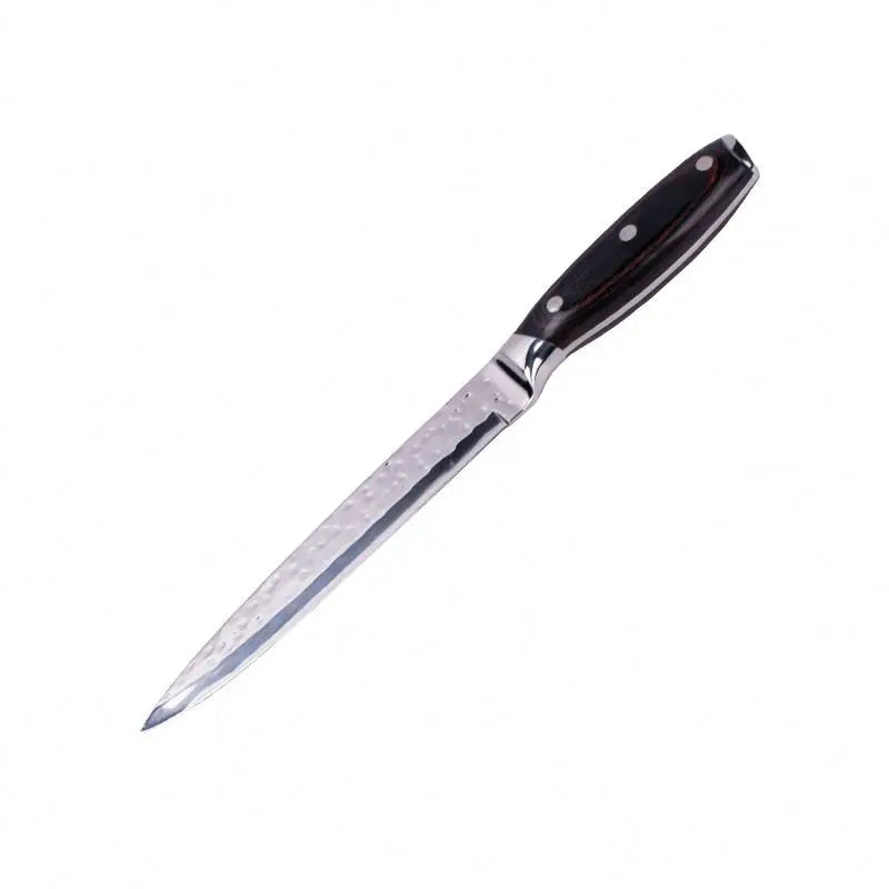 8 Inch 3Cr13 Stainless Steel Hammer Pattern Kitchen Slicing Knife Ambidextrous Ergonomic Pakka Wood Handle High-Polish Finish