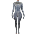 Fashion Stretch Long Sleeve With Gloves Night Club Rompers Women Stage Performance Bodysuits Diamond Rhinestone Sexy Jumpsuit