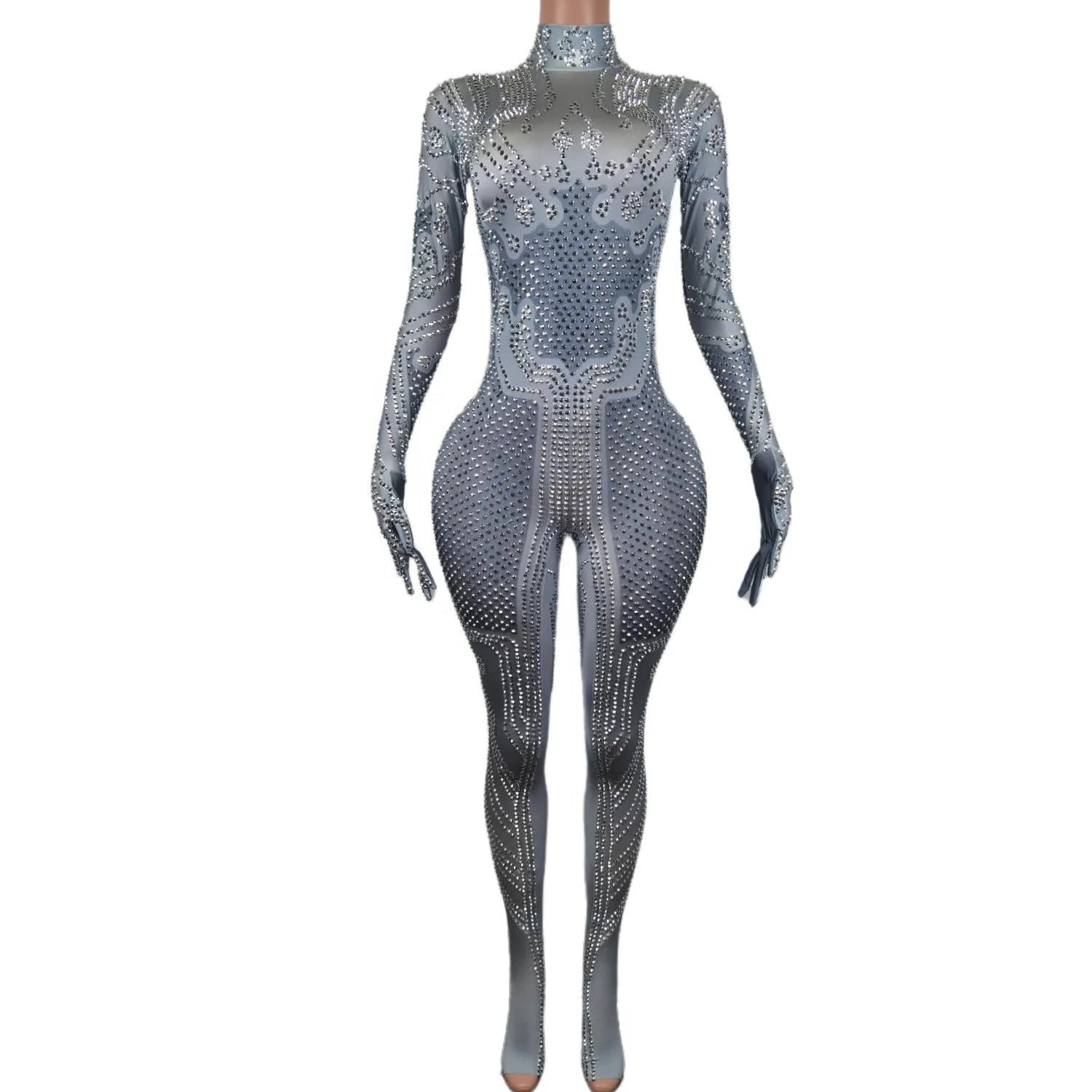Fashion Stretch Long Sleeve With Gloves Night Club Rompers Women Stage Performance Bodysuits Diamond Rhinestone Sexy Jumpsuit