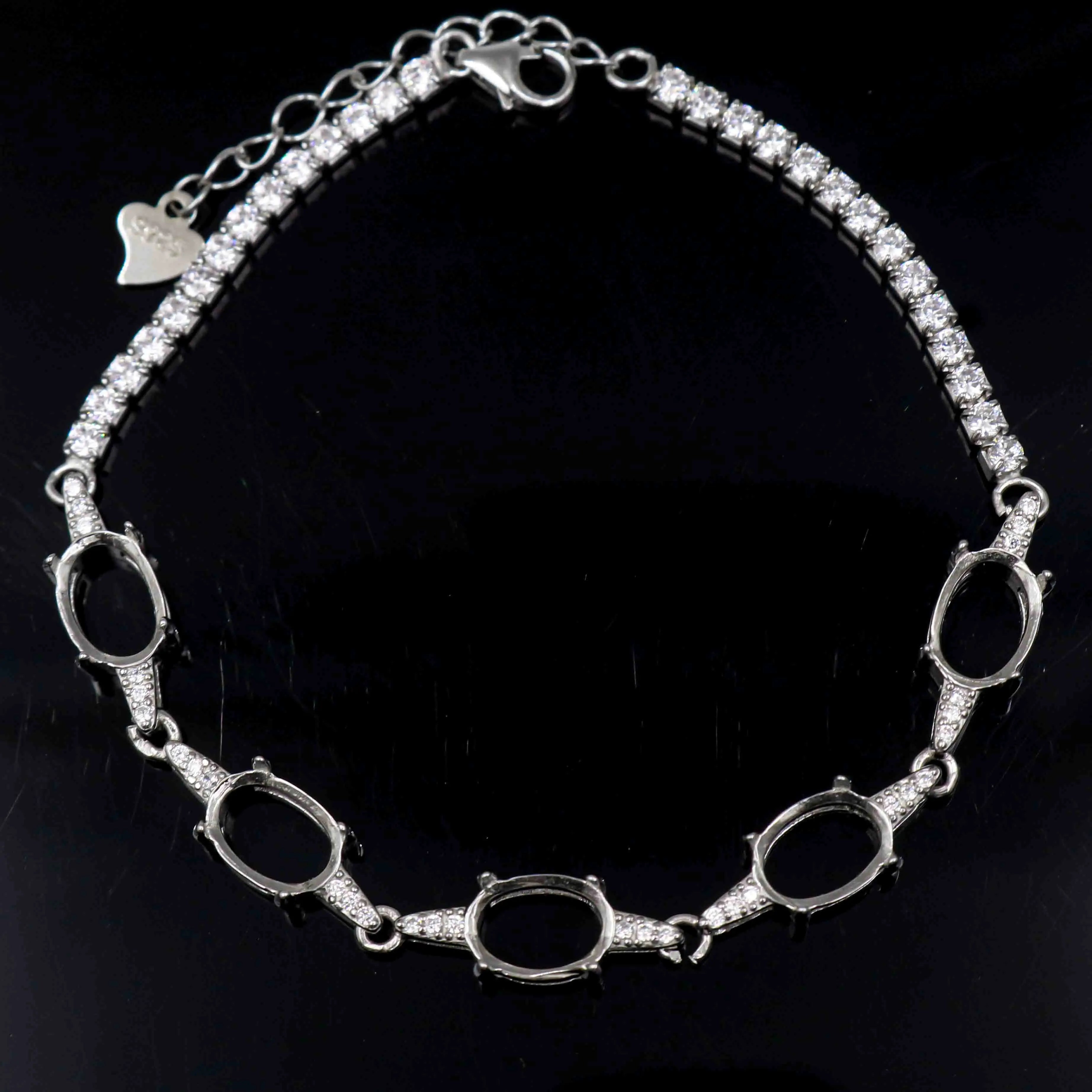 Sterling Silver 6*8mm Semi Mount Bracelet Empty Frame Support Blank Setting S925 Base Holder Without Main Stone Inlay for DIY
