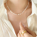 New Fashion Unique Design French Stainless Steel Irregular Freshwater Pearl Trendy Geometric Pendant Choker Necklace Women P1263
