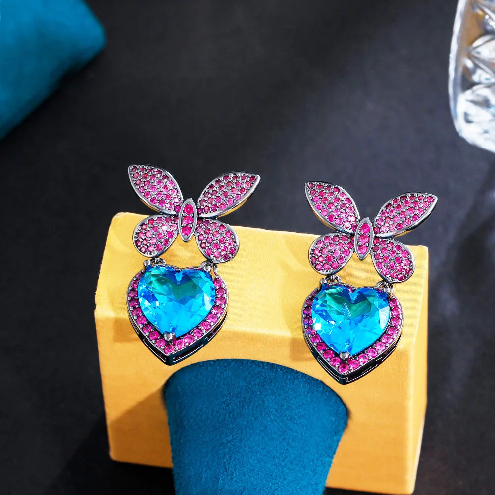 New Designs CZ Cubic Zircon Jewlery Blue Heart and Fuchsia Red Butterfly Shape Dangle Drop Earring for Party Wear Bohemian Style