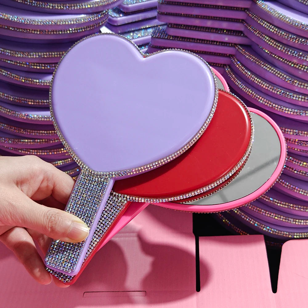 Private Label Pocket Heart-Shaped Magnifying Makeup Mirror Bling Bling Rhinestone Lighted Cosmetic Mirror-Wholesale