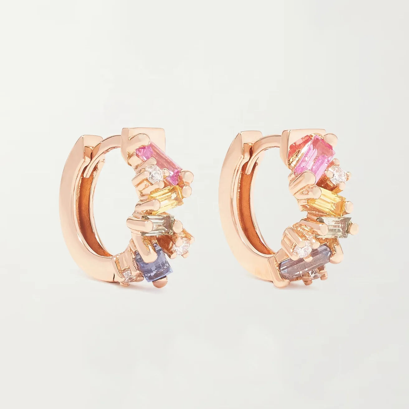 LOZRUNVE 925 Sterling Silver Elegant Bohemian Rainbow Colored Clear Baguette Princess HuggIe Hoop Earring