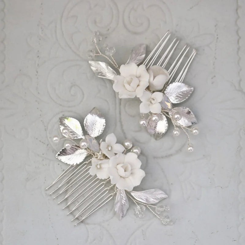 SLBRIDAL Handmade Ins Style Pearls Ceram Flower Bridal Hair Comb Wedding Headdress Hair Accessory Bridesmaids Women Jewelry