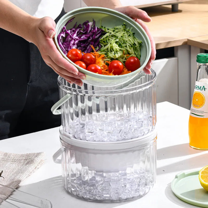 Portable Fresh Iced Salad Box with Transparent Lid Refrigerator Storage Box Fruit Ice Cube Picnic Organizer