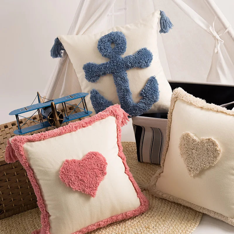 Amity Modern Boho Square Cushion Cover Cotton Tufted Decorative Sofa Pillow Case Tassel Embroidered Print for Living Room Decor