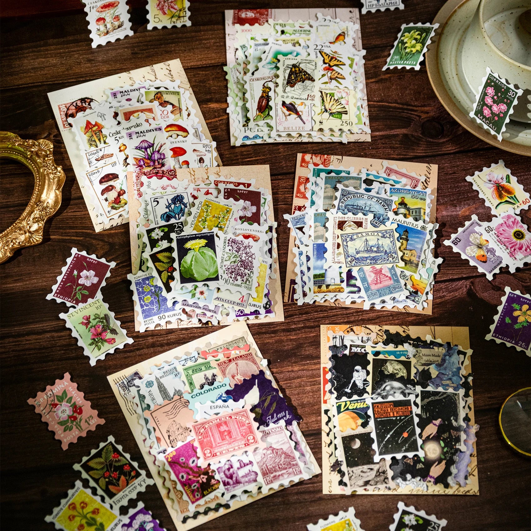 50pcs/bag Retro Stamps Stickers Pack Handmade DIY Notebook Waterproof Scrapbook Mushroom Insect Decor Vintage Sticker Journal