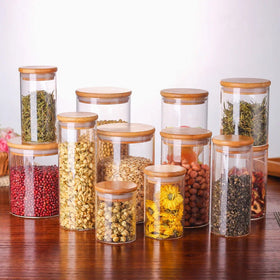 70/100/800/1000/1800/2100ml Borosilicate Handblown Airtight Kitchen Storage Glass Canisters with Bamboo Lids Drinkware