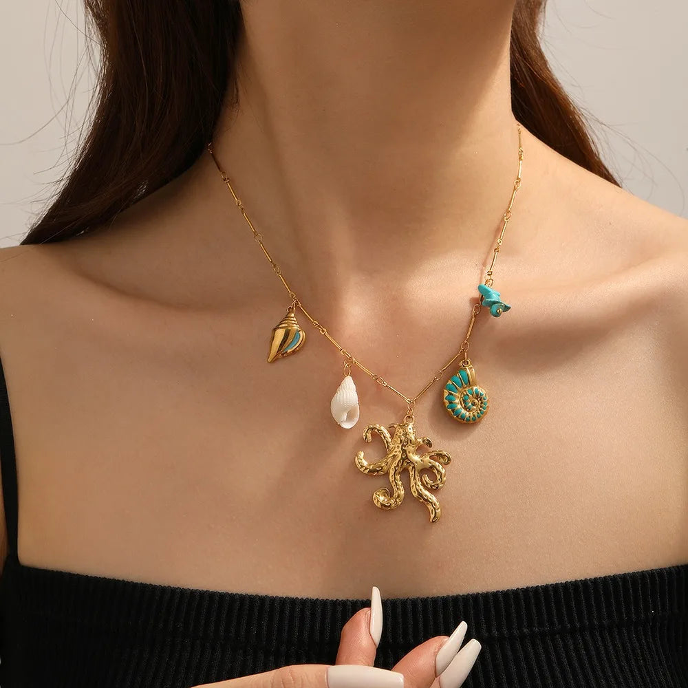 2025 Summer Ocean Series Women's Necklace Trendy 18K Gold Plated Stainless Steel Link Chain Lab Created Zircon Marine Animals