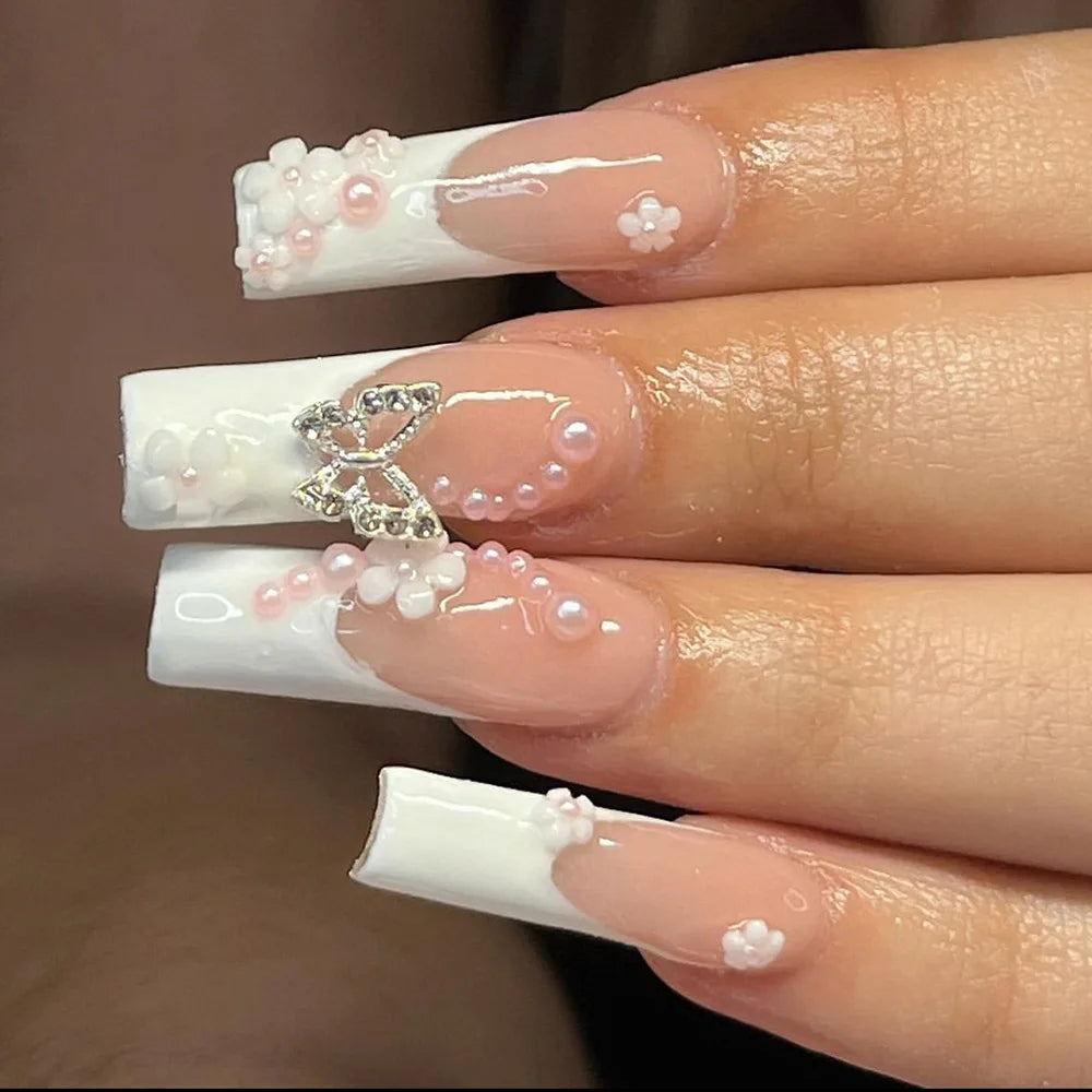Wholesale Long Ballerina Pearl Butterfly False Nails Full Cover Artificial Fingernails Press on Nails for Women 24Pcs/Set
