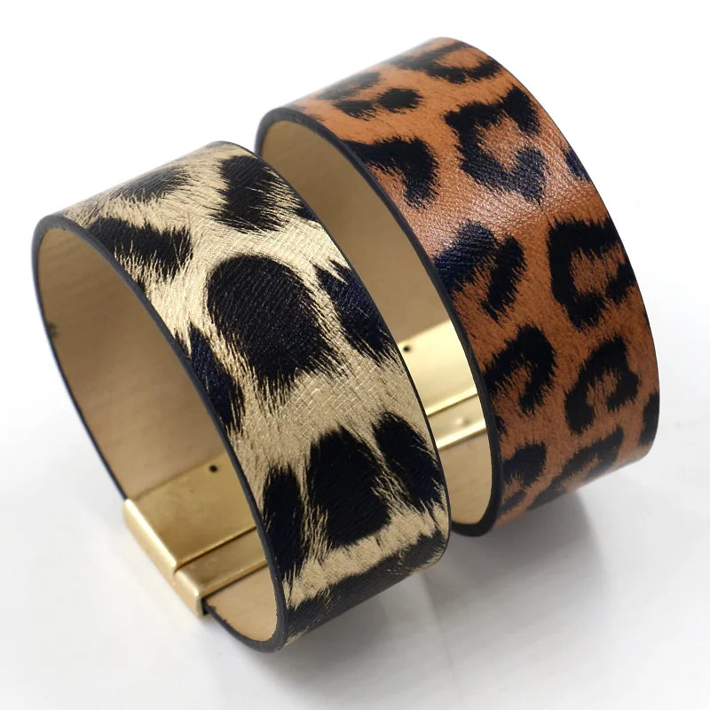 TRENDY Jewelry Golden Electroplated Magnetic Buckle Leopard Printed PU Leather Bangle Bracelet for Women