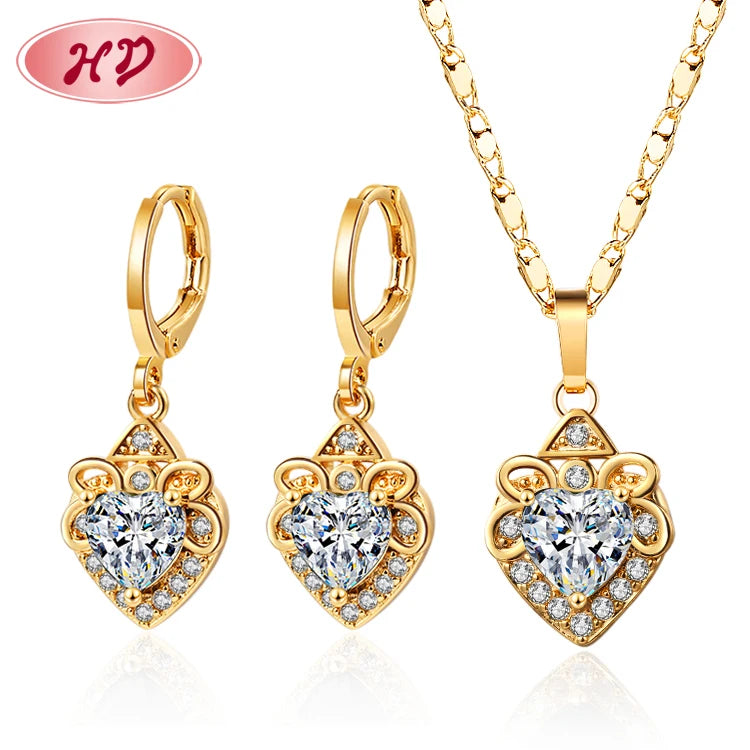 18k Gold Plated Jewelry Wholesaler Cubic Zirconia Heart Pendant Women Necklace and Drop Earrings Sets