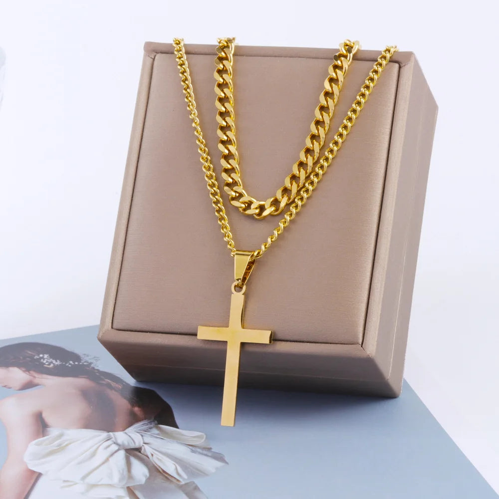 YF3458 Fashion Waterproof Non Tarnish Gold Plated Stainless Steel Double Layer Cuban Chain Cross Pendant Necklace for Women