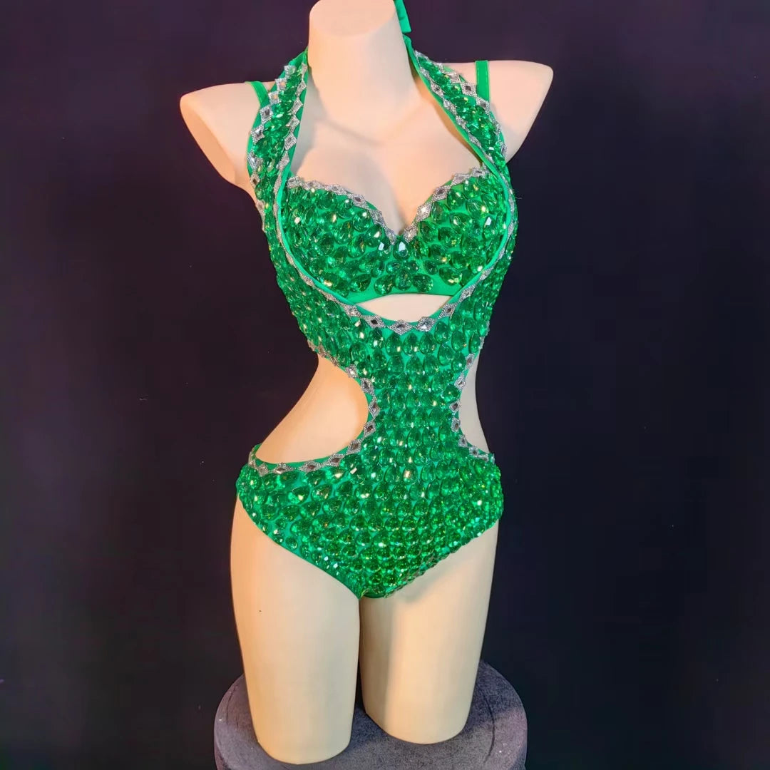 Shiny Backless Rhinestone Rhinestone Bikini Women Sexy Diamond Exotic Dancewear Stripper Outfit Performance Wear Club Jumpsuits
