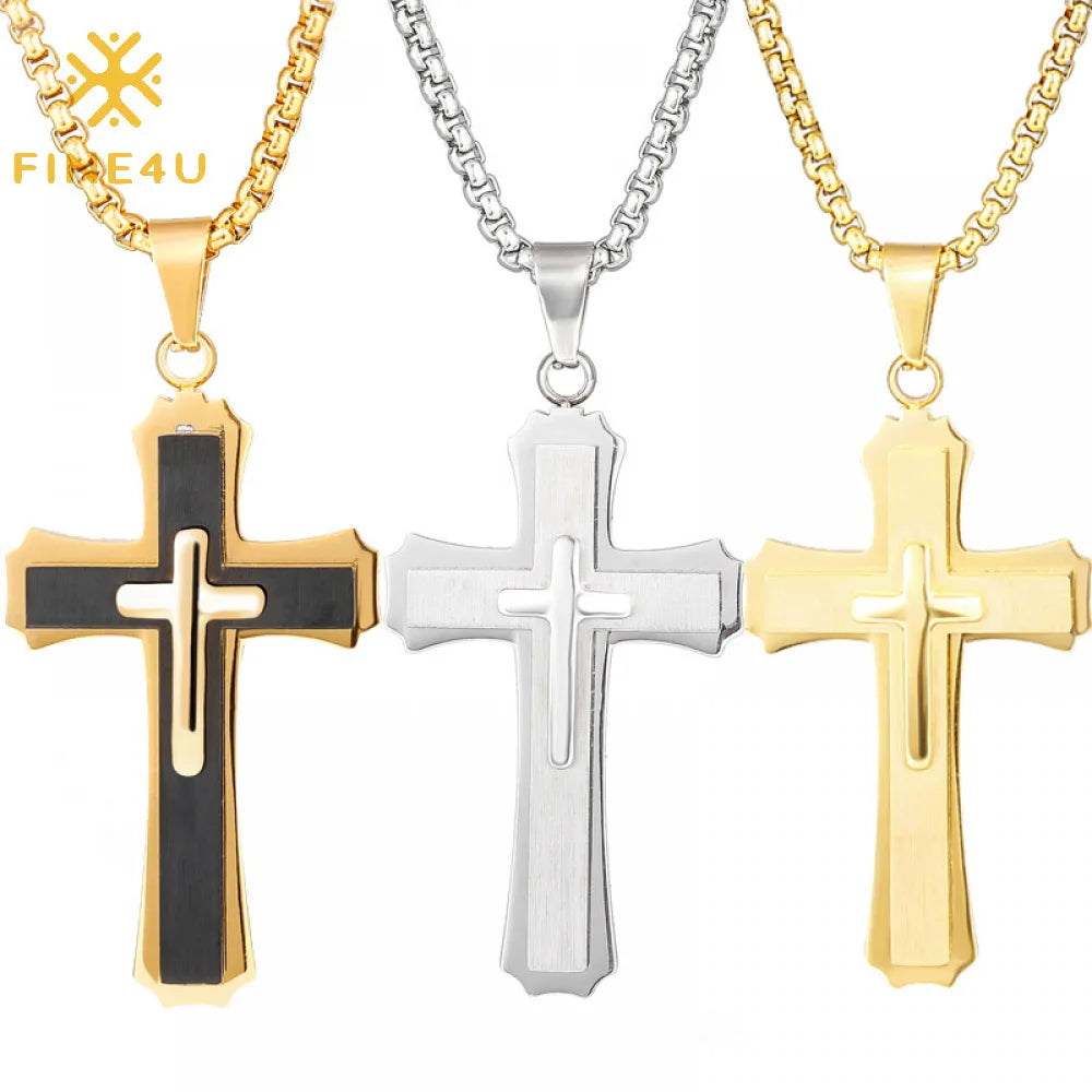 Religious Christian Catholic Jewelry Gothic Men Gold Plated Crucifix Pendant Stainless Steel Cross Necklace