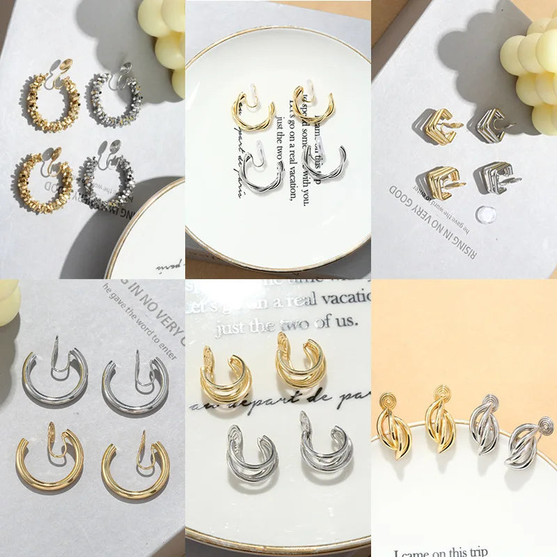 Women 18k Gold Plated Geometric Triple Square C Shape Cartilage Cuff Hoop Earrings Twisted Round No Piercing Clip on Earrings