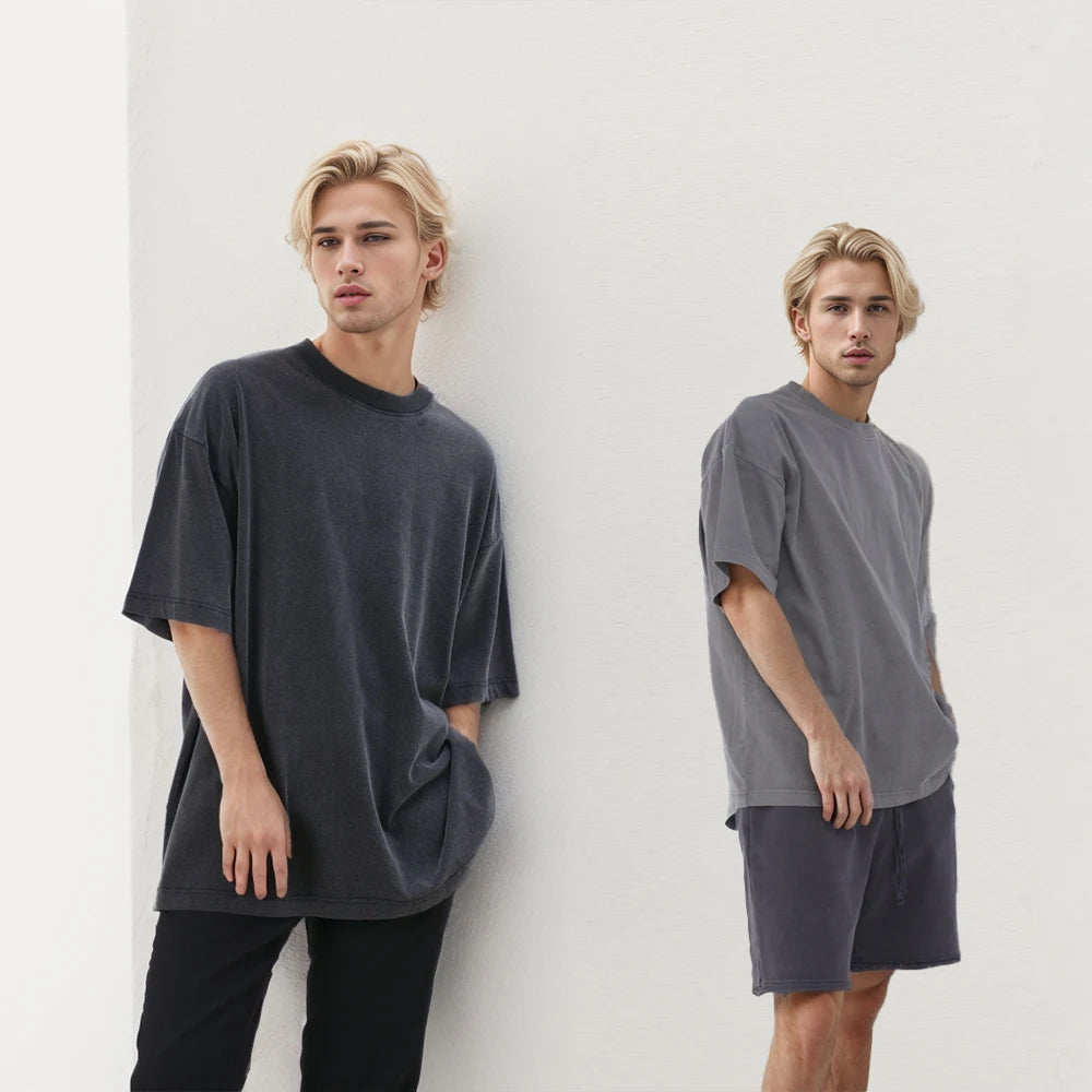 Wholesale Knitted Washed Cotton Acid Wash Oversized Customizable for Personalization Men's Vintage Eco-Friendly Breathable