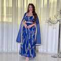 Hafizah 2026 Dubai Luxury Blue Gold Leaf Print Muslim Long Dress With Cape Modest Abaya