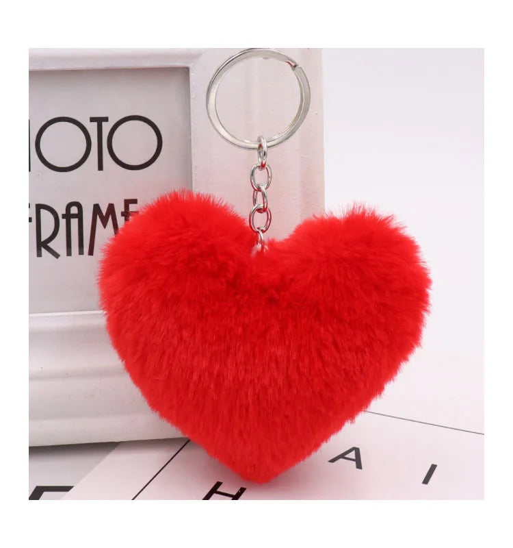 Soft Cute Heart Shape Furball Pompom Keychain Plush Fluffy Ball Rabbit Fur Key Chain Pom Pom Keychain Bag Pendant