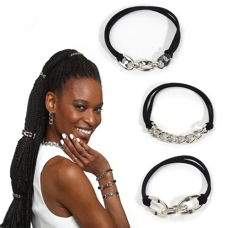 Hot Selling Fashion Metal Chain Hairband Bracelet Rubber Band Elastic Hair Tie Chain for Women
