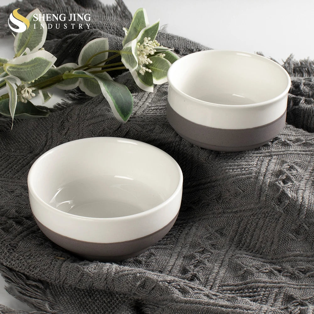 Porcelain Stackable Matte Gray and White Ceramic Bowl Set Restaurant Porcelana Tazon Hotel Round Porzellan Schussel for Dinner