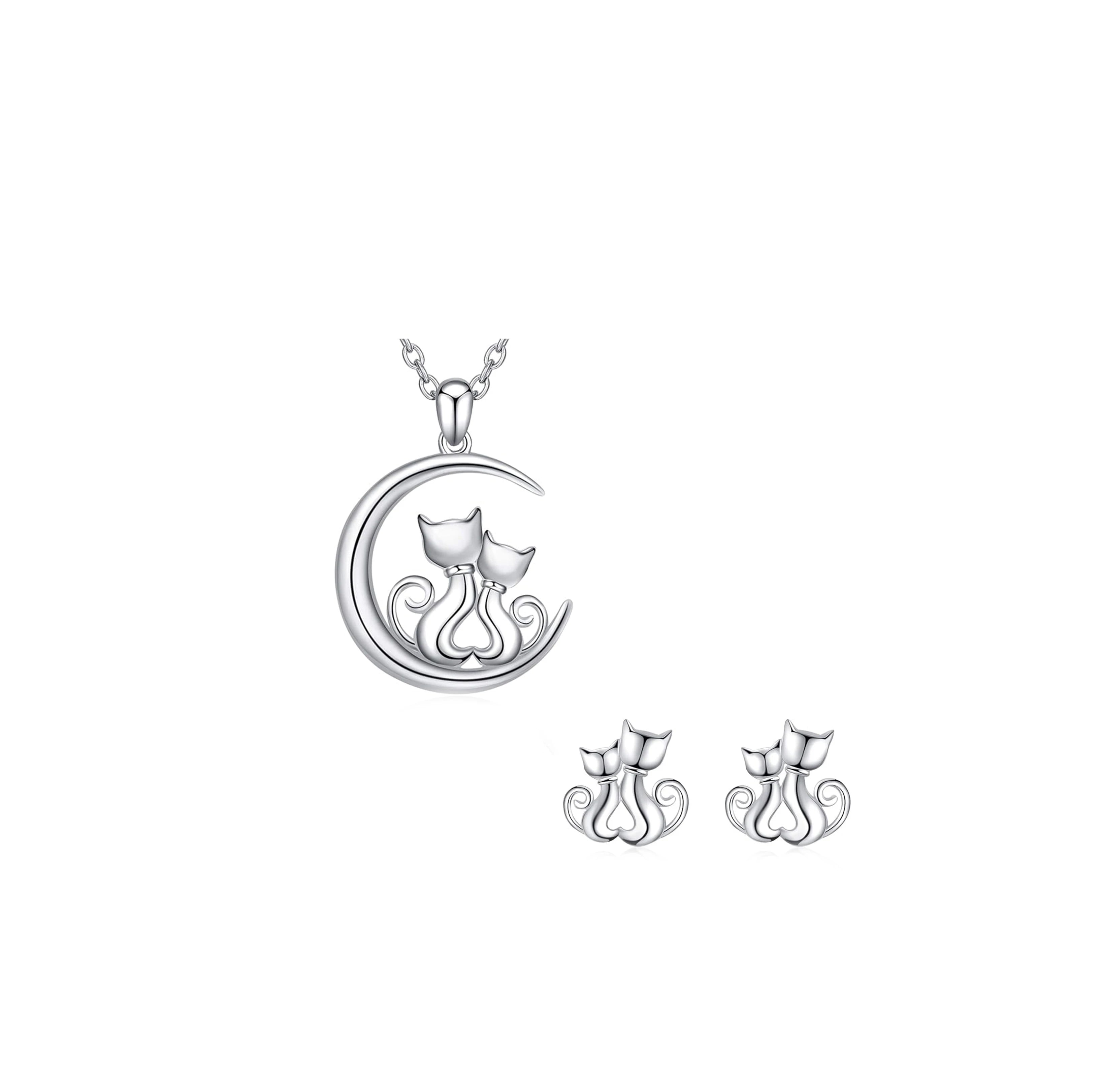925 Sterling Silver Animal Mother and Daughter Cat Necklace Earrings for Women