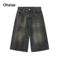 Ohsisa Men's 2025 Summer Casual New Loose Wide Leg Retro Do Old Horn Cropped Pants Mid Waist Knitted Denim Jeans