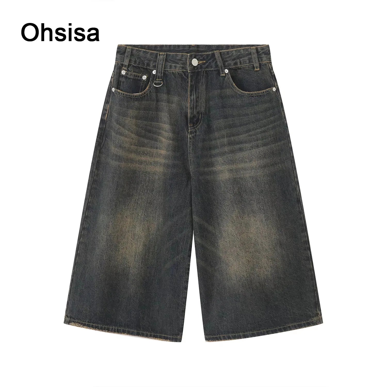 Ohsisa Men's 2025 Summer Casual New Loose Wide Leg Retro Do Old Horn Cropped Pants Mid Waist Knitted Denim Jeans