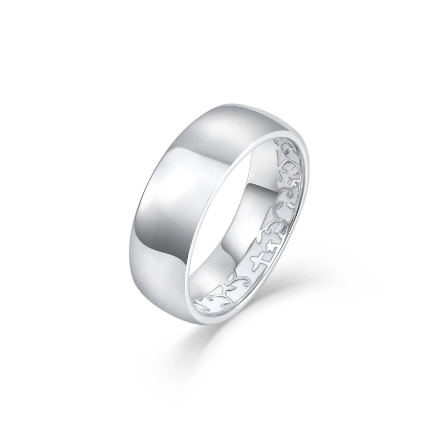 Intricate Inner Design & High Polish Finish Customizable Engraved Silver Wedding Band