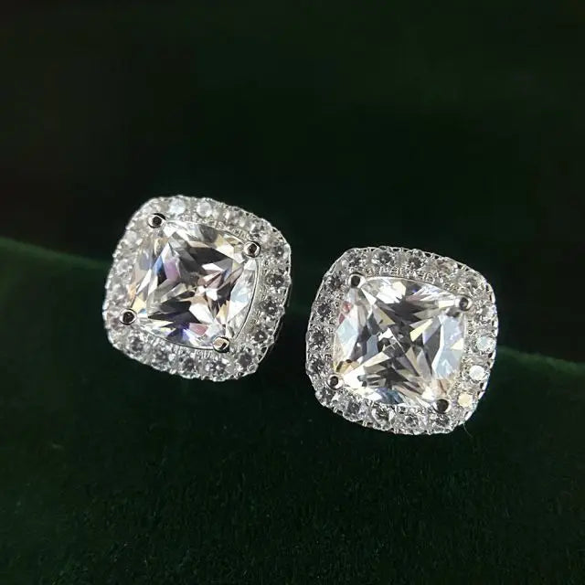 925 Sterling Silver 18K White Gold Plated 7mm Square Cubic Zirconia Stud Earrings for Women