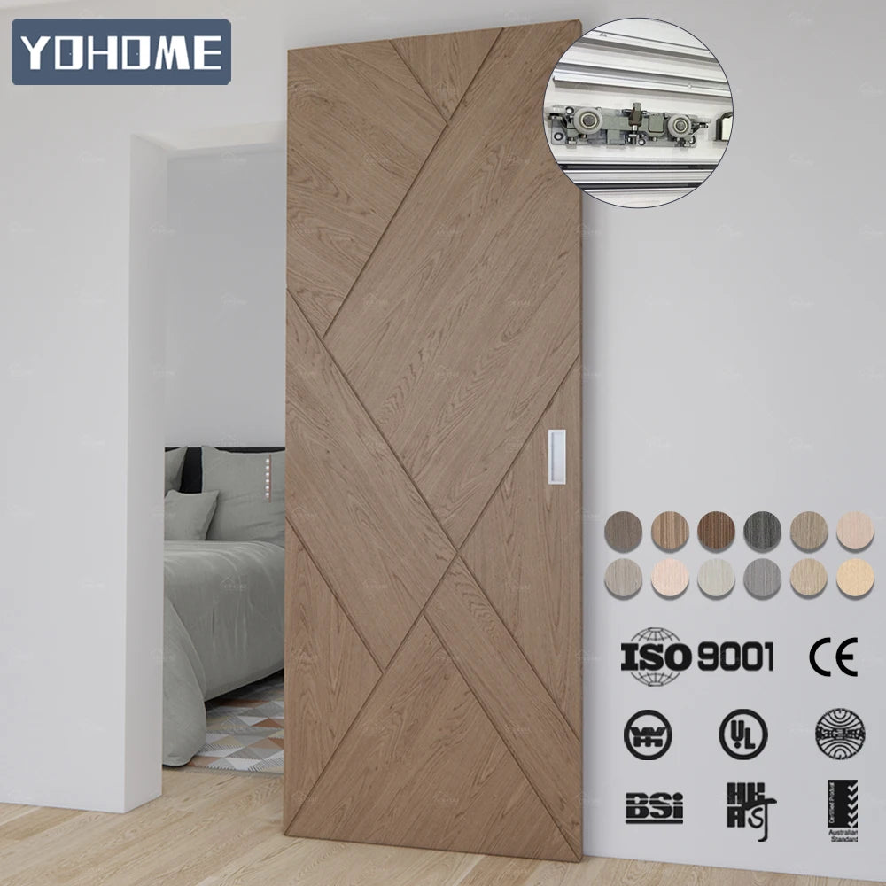Yohome Modern Grooved Design Hidden Sliding Wooden Door Internal Solid Wood Ghost Door Wood Veneer Trackless Ghost Door